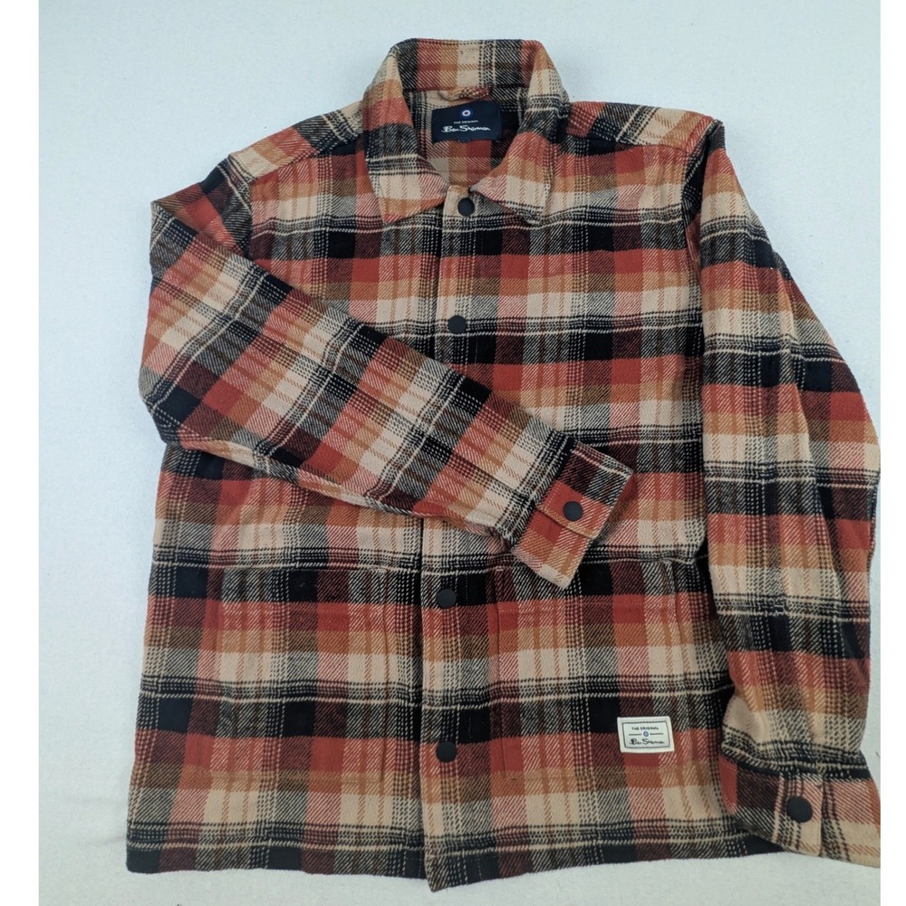 Ben Sherman Mens Plaid Cotton Button Down Shirt Orange Brown Long Sleeve Large - Picture 2 of 13